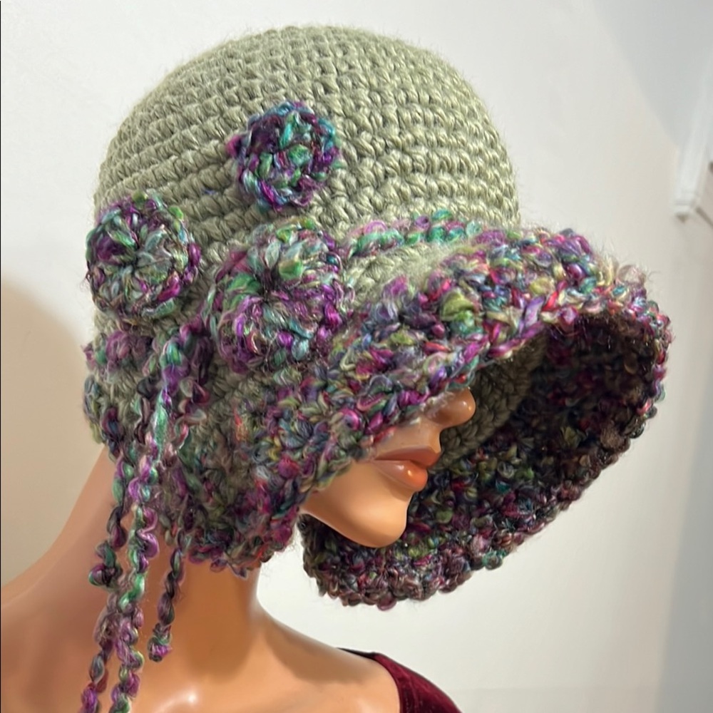Handmade Sage Green Crocheted Cloche Hat with Multicolor Trim